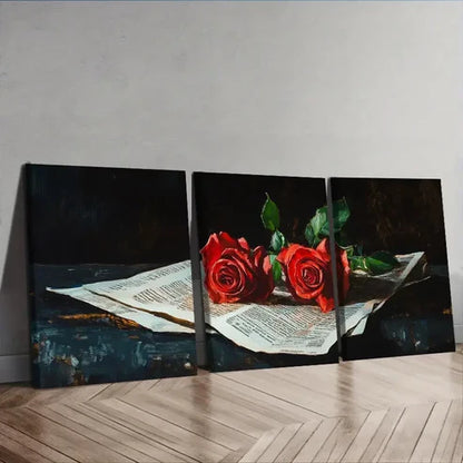 3pcs Red roses from the newspaper Wall Art Set Canvas Unframed - High Quality Print 100% Australian Made Wall Canvas