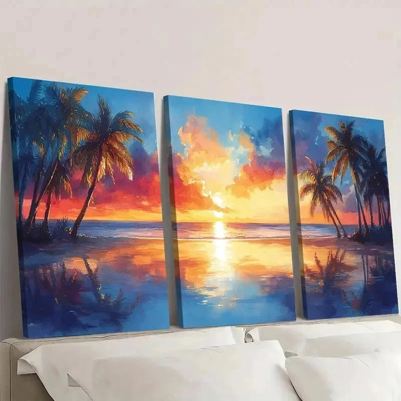 3pcs Palm Trees Watercolor Painting EW    Wall Art Set Canvas Framed 50x70cm - High Quality Print 100% Australian Made Wall Canvas Ready to Hang