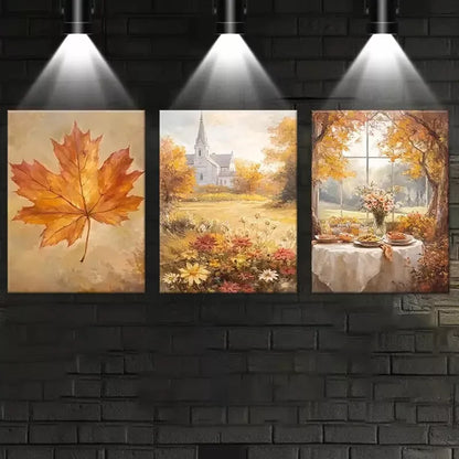 3pcs Beautiful Autumn Town with Dry Leaves Art Set Canvas Framed 50x70cm - High Quality Print 100% Australian Made Wall Canvas Ready to Hang