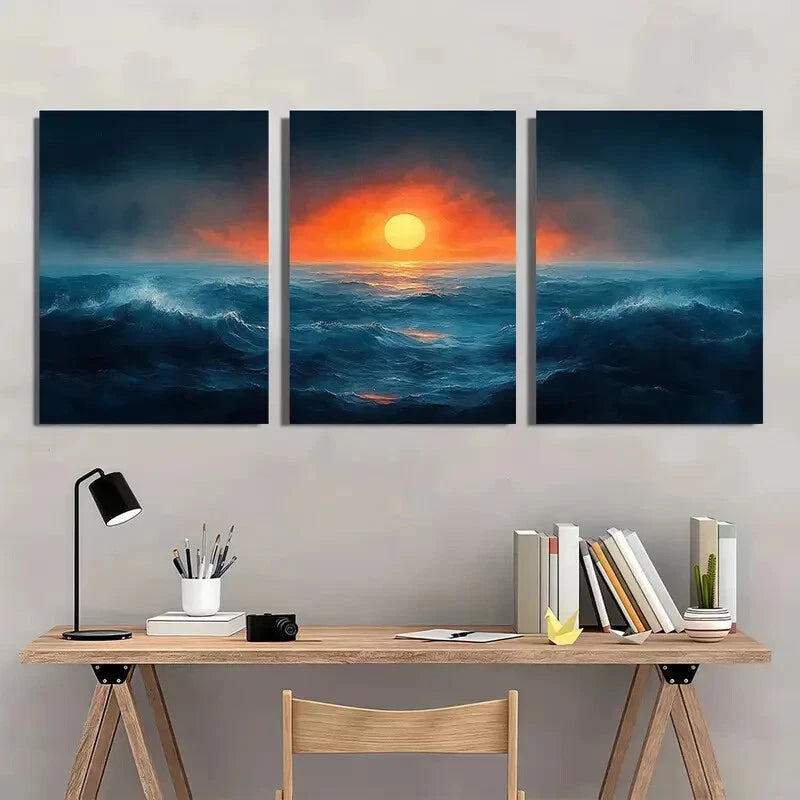 3pcs Abstract Ocean Sunrise Watercolor Sea Metal Print Ready to Hang Art - Bella Home Decor