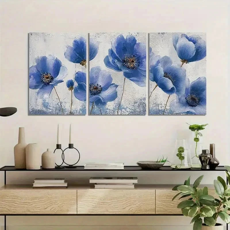 3pcs Blue Floral Design with Golden Accents Metal Print Ready to Hang Art - Bella Home Decor