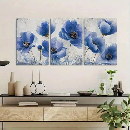 3pcs Blue Floral Design with Golden Accents Metal Print Ready to Hang Art - Bella Home Decor