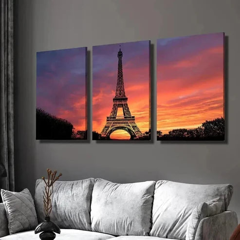 3pcs Eiffel Tower & Sunset with Evening Clouds Wall Art Set Canvas Unframed - High Quality Print 100% Australian Made Wall Canvas - Bella Home Decor