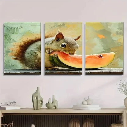 3pcs Cute Squirrel Eating Watermelon Wall Art Set Canvas Framed 60x90cm - High Quality Print 100% Australian Made Wall Canvas Ready to Hang - Bella Home Decor