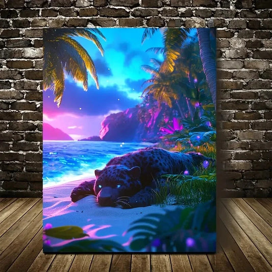 Panther Rolling on Grass & Sandy Beach Painting 40x60cm Metal Print Ready to Hang - Bella Home Decor