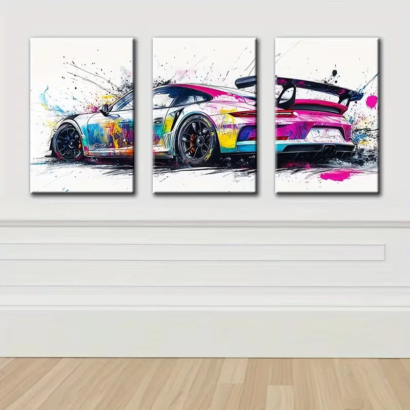 3pcs Stunning Vibrant Car Design Wall Art Set Canvas Framed 60x90cm - High Quality Print 100% Australian Made Wall Canvas Ready to Hang