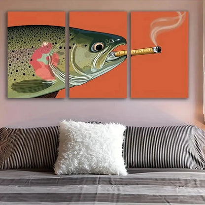 3pcs Rainbow Trout With Cigarette Wall Art Set Canvas Framed 40x60cm - High Quality Print 100% Australian Made Wall Canvas Ready to Hang