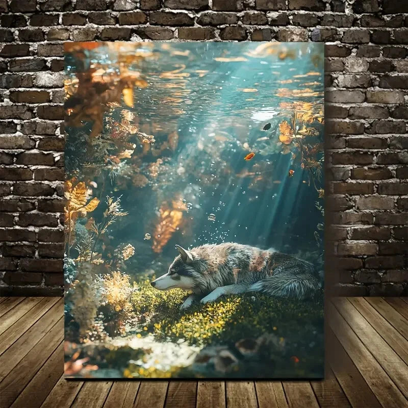 Wolf Underwater Scene with Sunbeams Painting 40x60cm Metal Print Ready to Hang - Bella Home Decor