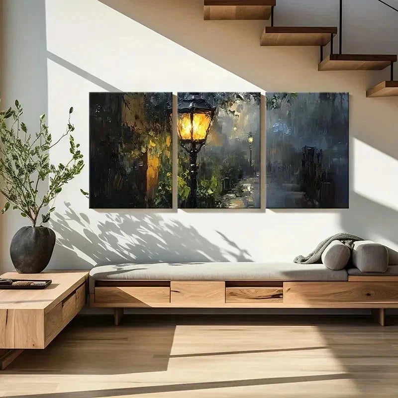 3pcs Street Scene & Street Lights Retro Wall Art Set Canvas Framed 50x70cm - High Quality Print 100% Australian Made Wall Canvas Ready to Hang