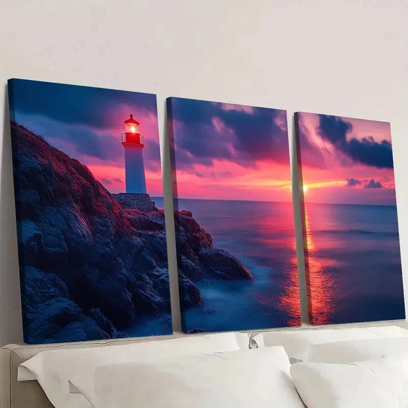 3pcs Tranquil Beacon Lighthouse F  Wall Art Set Canvas Framed 60x90cm - High Quality Print 100% Australian Made Wall Canvas Ready to Hang - Bella Home Decor