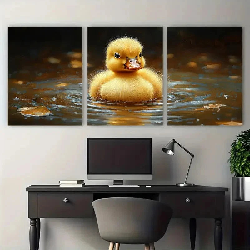 3pcs Vibrant Yellow Duckling Illustration Metal Print Ready to Hang Art - Bella Home Decor