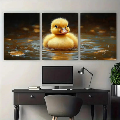 3pcs Vibrant Yellow Duckling Illustration Metal Print Ready to Hang Art - Bella Home Decor