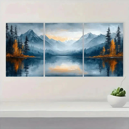 3pcs Mountain Landscape Serene Blue & Golden Hue Metal Print Ready to Hang Art