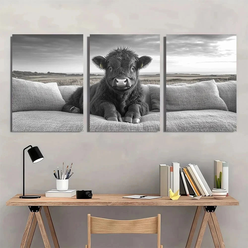 3pcs Cute Highland Cattle Black White Metal Print Ready to Hang Art - Bella Home Decor