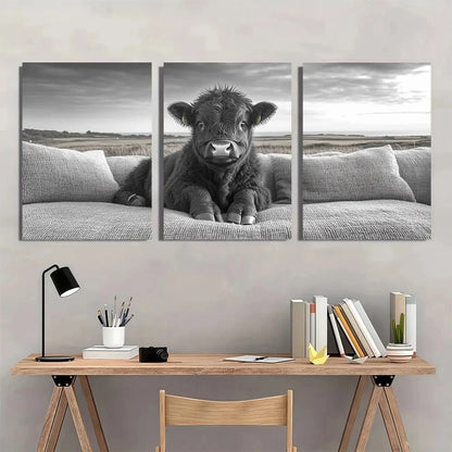 3pcs Cute Highland Cattle Black White Metal Print Ready to Hang Art - Bella Home Decor