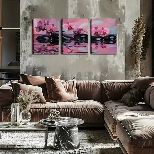 3pcs Water, Pebbles, Orchids Wall Art Set Canvas Framed 60x90cm - High Quality Print 100% Australian Made Wall Canvas Ready to Hang - Bella Home Decor