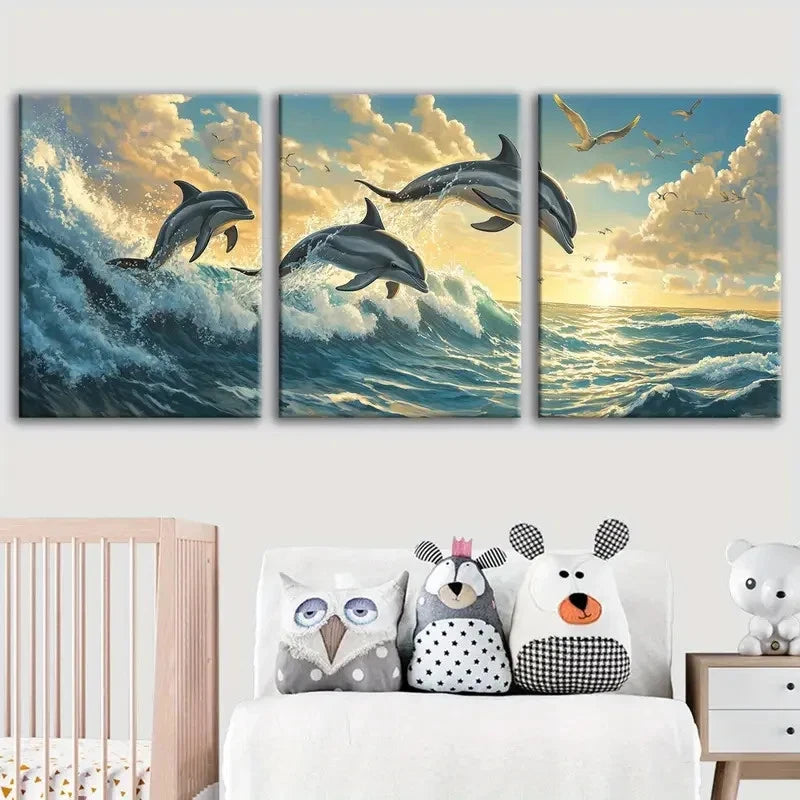 3pcs Dolphin Canvas Framed 50x70cm - High Quality Print 100% Australian Made Wall Canvas Ready to Hang - Bella Home Decor