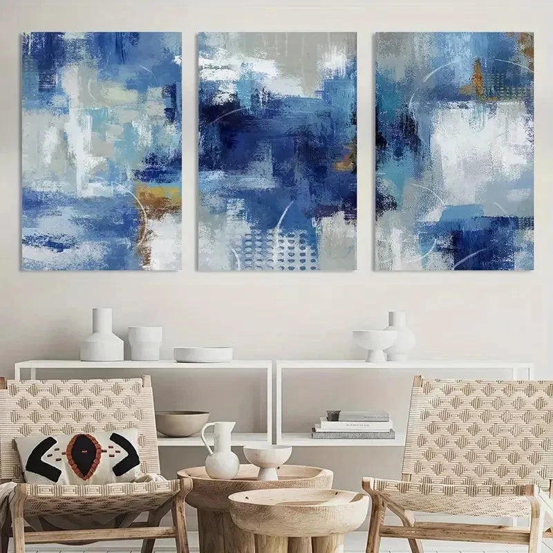 3pcs Abstract Painting Blue and White Wall Art Metal Print Ready to Hang Art - Bella Home Decor