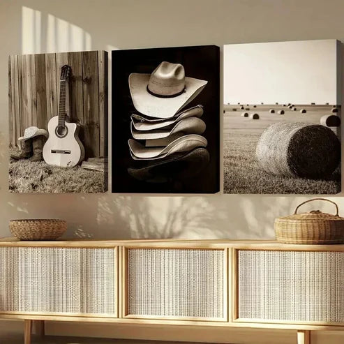 3pcs Hats & Haystacks Music Guitars Vintage Wall Art Canvas Unframed - High Quality Print 100% Australian Made Wall Canvas