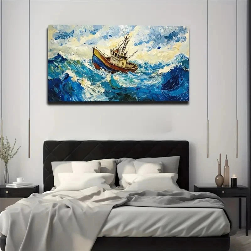 Dramatic Stormy Sea Ship Wall Art Canvas Office Home Room Framed 120x60cm