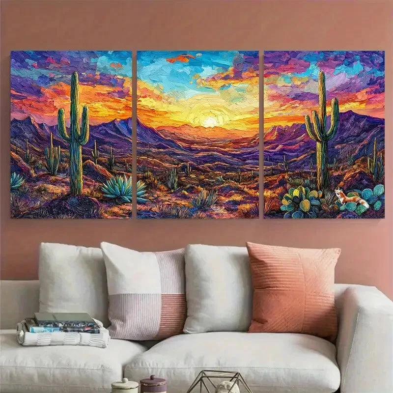 3pcs Colorful Abstract Succulent Sunset Mountain Metal Print Ready to Hang Art - Bella Home Decor
