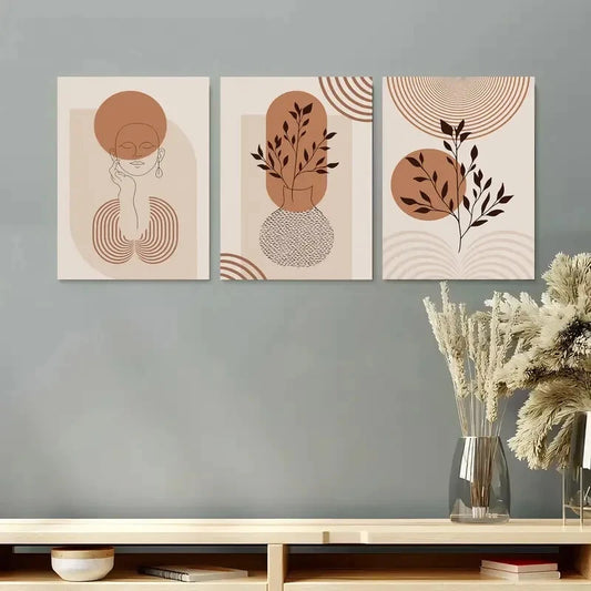 3pcs Botanical Line Art & Geometric Designs Metal Print Ready to Hang Art