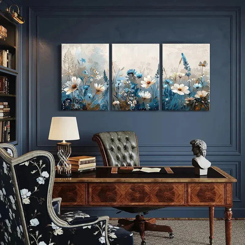 3pcs Abstract Floral Soft Blue White Flowers Metal Print Ready to Hang Art - Bella Home Decor