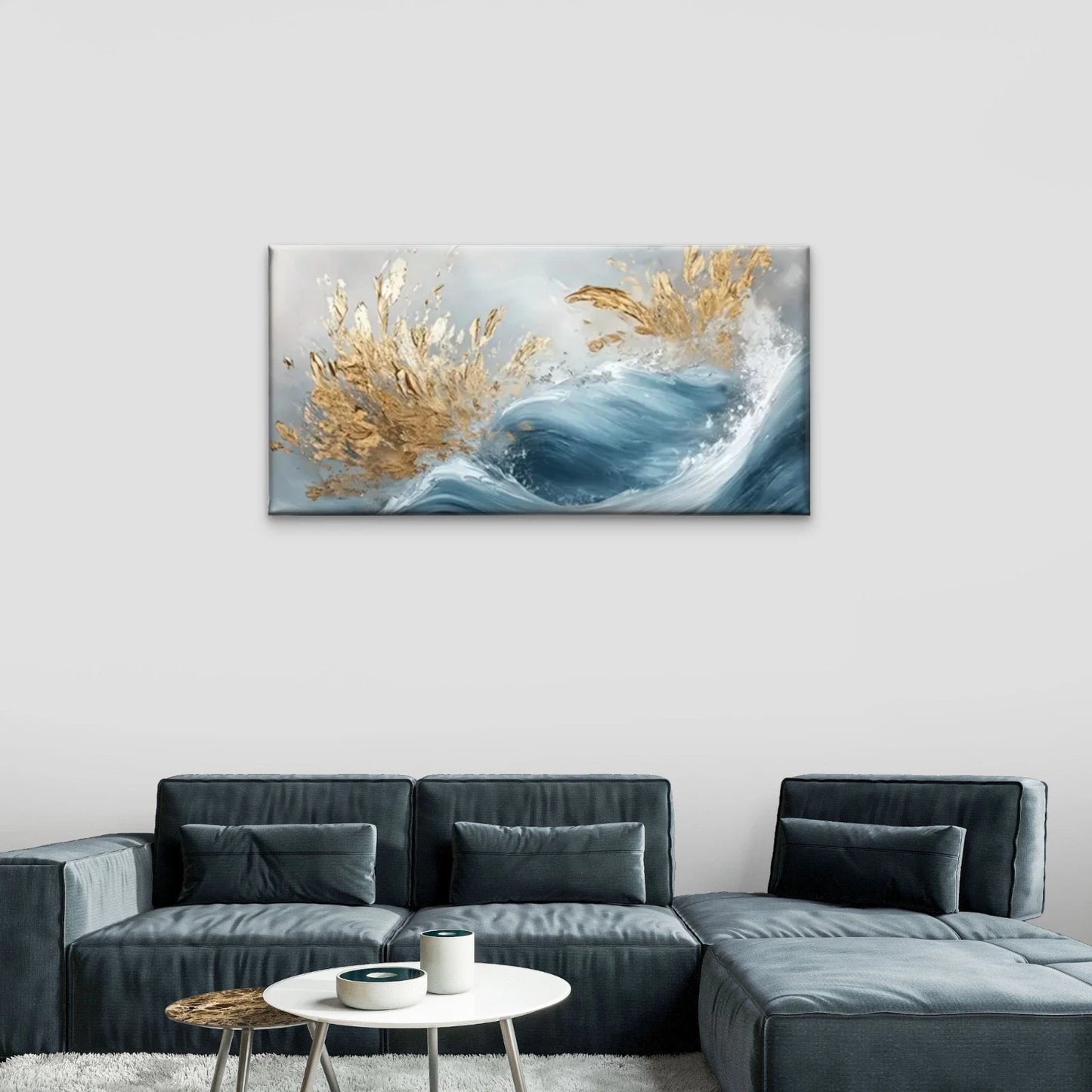 Waves Golden Leaves Wall Art Canvas Office Home Room Framed 120x60cm