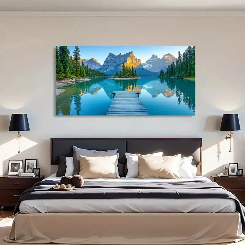 Serene Mountain Lake Scenic Wall Art Canvas Office Home Room Framed 120x60cm
