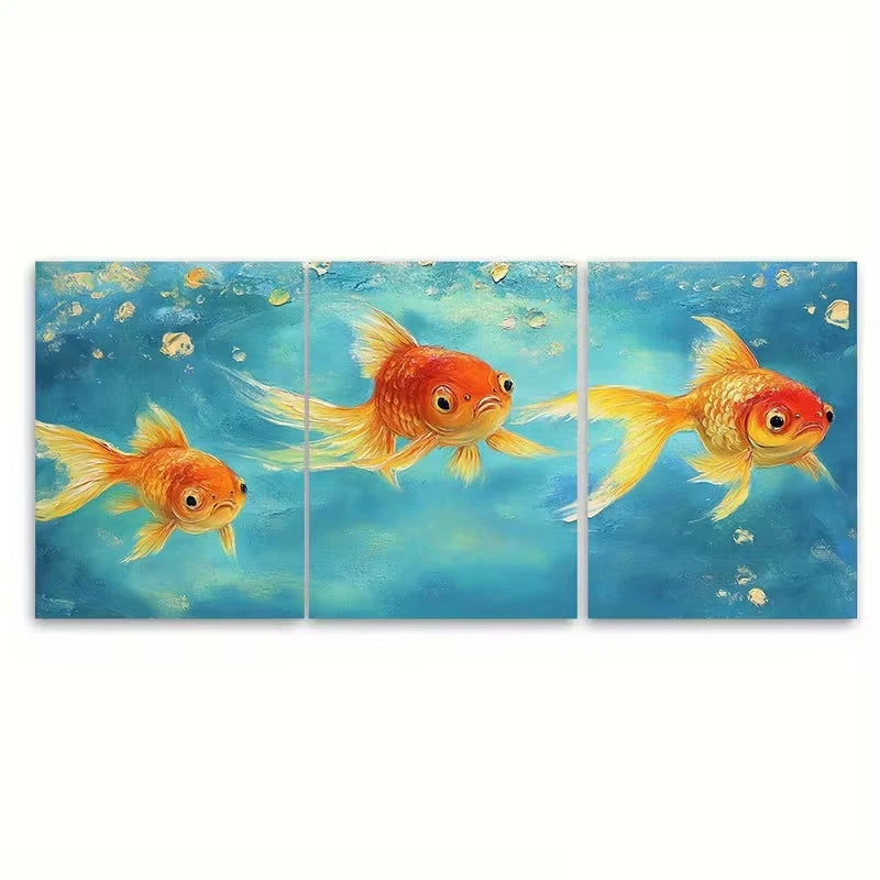 3pcs Goldfish Oil Painting Fish Impasto Metal Print Ready to Hang Art - Bella Home Decor
