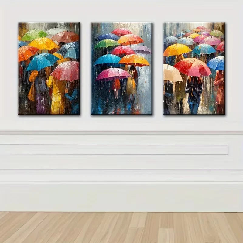 3pcs Vibrant Umbrella Rainy Day Scene Wall Art Set Canvas Framed 40x60cm - High Quality Print 100% Australian Made Wall Canvas Ready to Hang