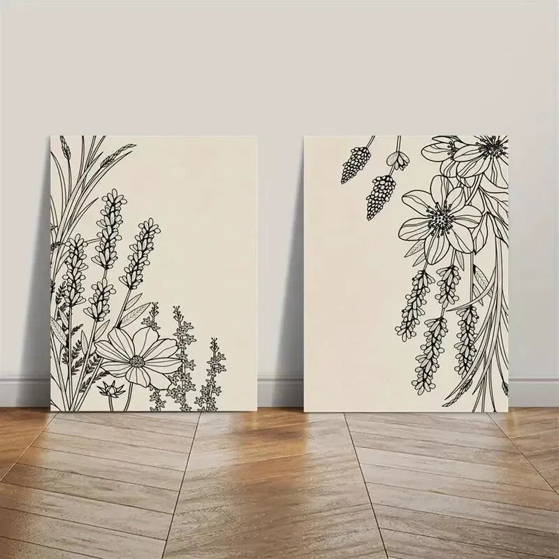 2pcs lack Abstract Line Plant & Flower, Minimalist Art Canvas Framed 50x75cm - High Quality Print 100% Australian Made Wall Canvas Ready to Hang - Bella Home Decor