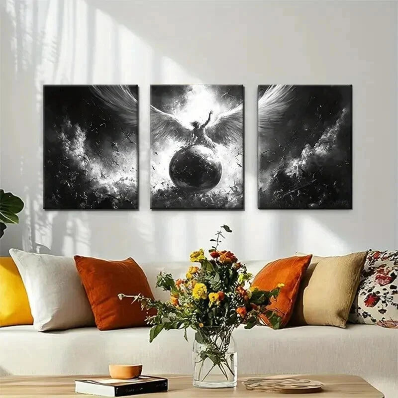 3pcs Angelic Warrior Black And White Perfect Wall Art Set Canvas Framed 50x70cm - High Quality Print 100% Australian Made Wall Canvas Ready to Hang - Bella Home Decor