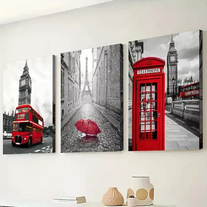 3pcs Featuring London and Paris Street Scenes Wall Art Set Wall Art Canvas Unframed - High Quality Print 100% Australian Made Wall Canvas
