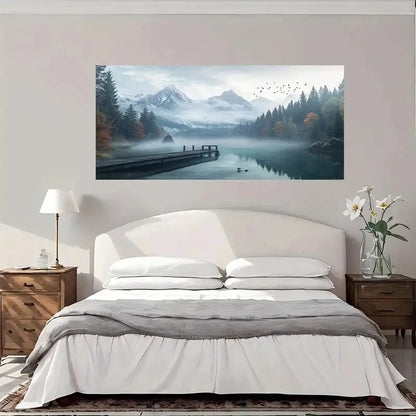 Mountain Lake Dock Birds Wall Art Canvas Office Home Room Framed 120x60cm