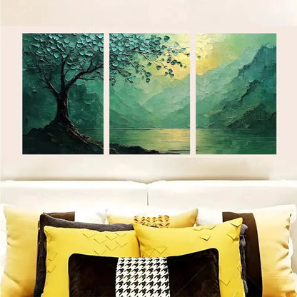 3pcs Abstract Green Tree By The Mountain Lake   Wall Art Set Canvas Framed 40x60cm - High Quality Print 100% Australian Made Wall Canvas Ready to Hang - Bella Home Decor