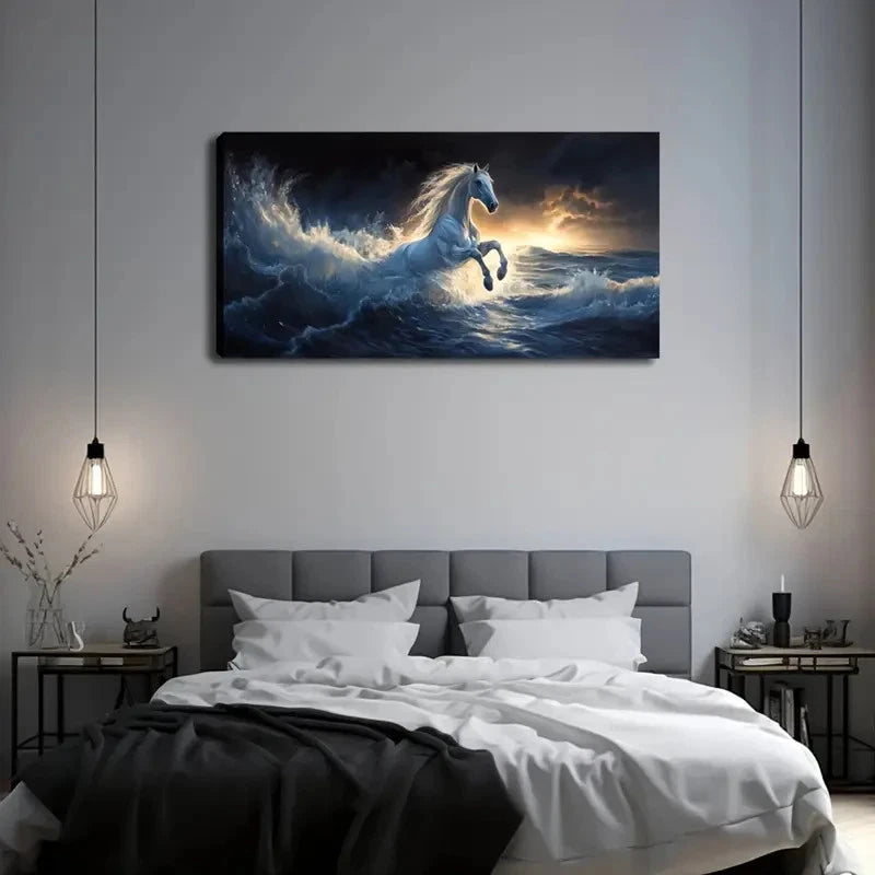White Horse Galloping Over Wall Art canvas office home room framed 120x60cm