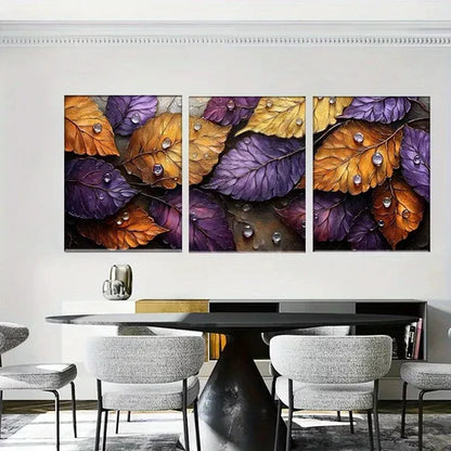 3pcs Autumn Leaves with Water Droplets Wall Art Set Canvas Framed 60x90cm - High Quality Print 100% Australian Made Wall Canvas Ready to Hang