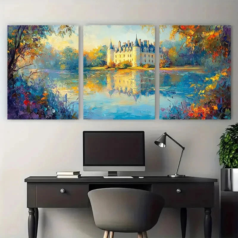3pcs Chateau Of Light Impressionist Landscape Wall Art Set Canvas Framed 50x70cm - High Quality Print 100% Australian Made Wall Canvas Ready to Hang - Bella Home Decor