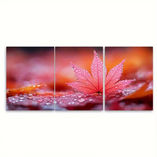 3pcs Vibrant Maple Leaf Abstract Metal Print Ready to Hang Art