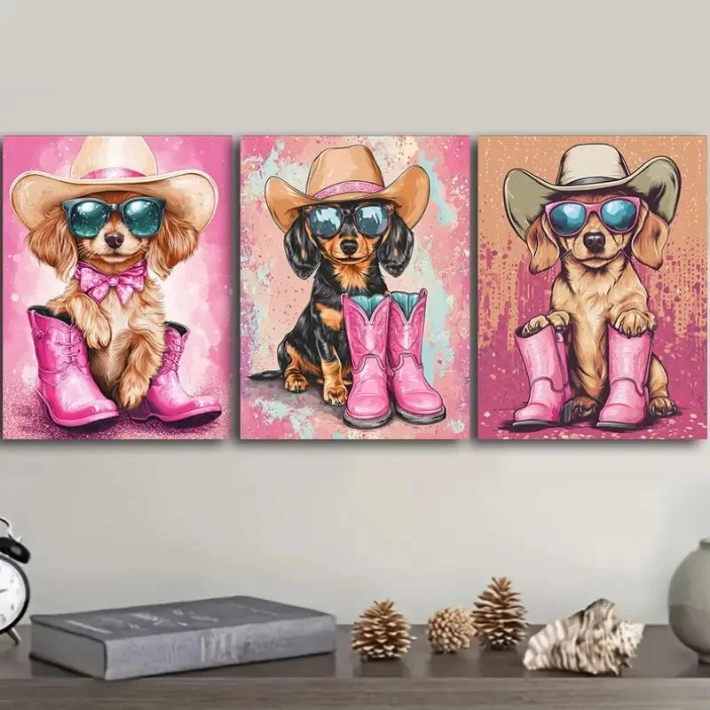 3pcs Cute Dachshund Puppy Painting Metal Print Ready to Hang Art - Bella Home Decor