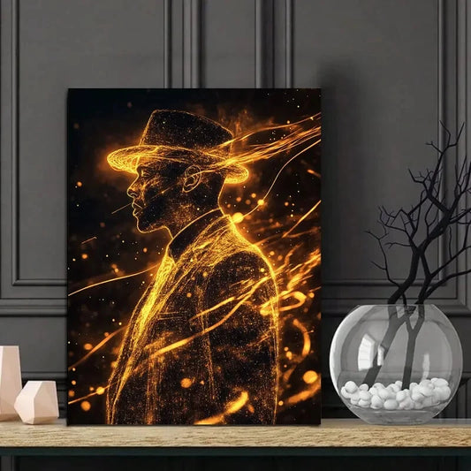 Glowing Silhouette Wearing His Iconic Fedora Jacket  40x60cm Metal Print Ready to Hang