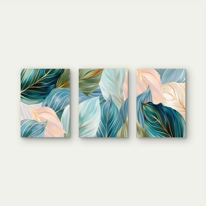 3pcs Golden Line Veins Stripe Emerald Leaves Wall Art Set Canvas Framed 40x60cm - High Quality Print 100% Australian Made Wall Canvas Ready to Hang - Bella Home Decor