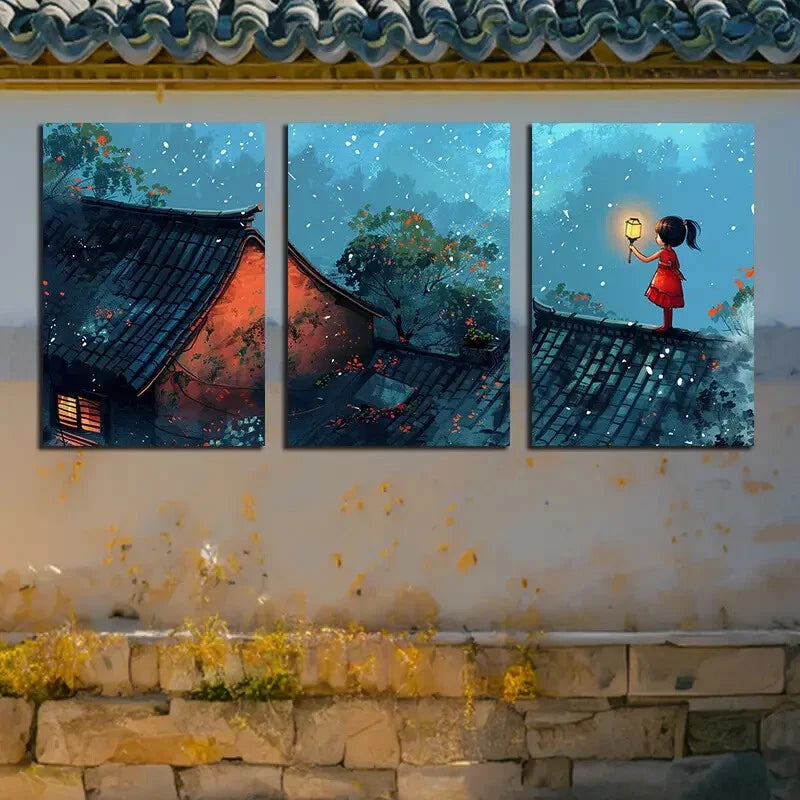 3pcs Elves Perch on The Cliffs of Mushroom Roofs Metal Print Ready to Hang Art - Bella Home Decor