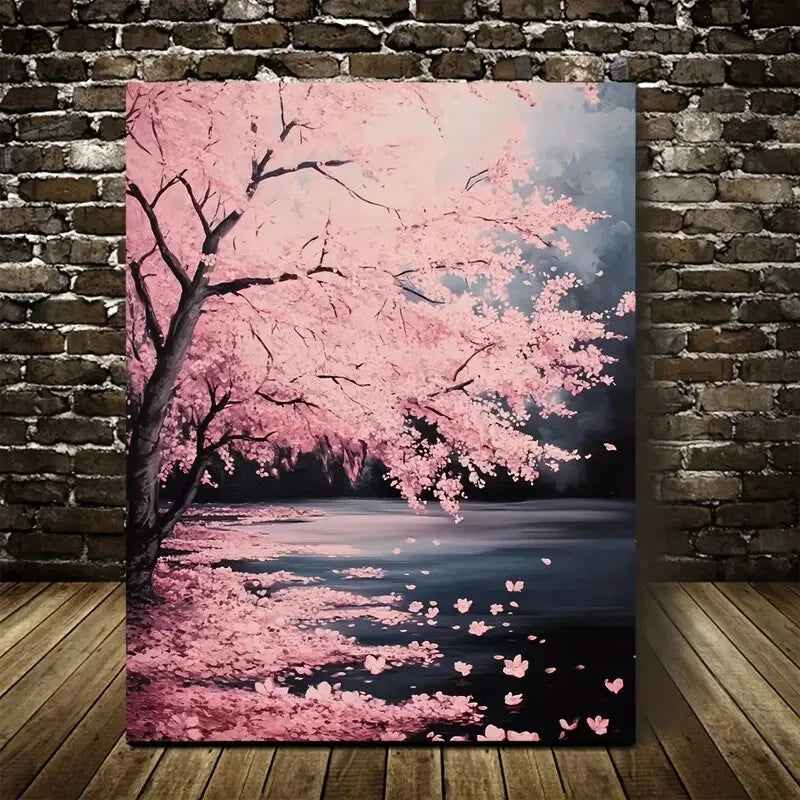 Serene Pink Blossom Landscape with Butterflie Painting 40x60cm Metal Print Ready to Hang - Bella Home Decor