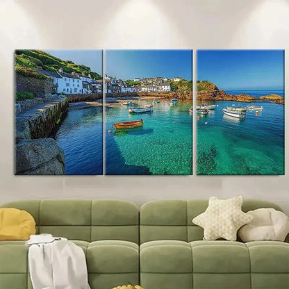 3pcs Blue Skies Clear Sea Cornwall R  Wall Art Set Canvas Framed 60x90cm - High Quality Print 100% Australian Made Wall Canvas Ready to Hang - Bella Home Decor