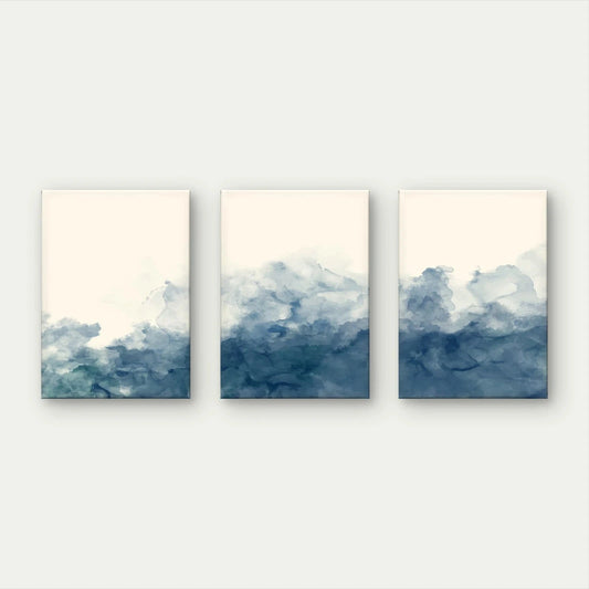 3pcs Indigo Blue Watercolour Ink Wash Minimalist Wall Art Set Canvas Framed 40x60cm - High Quality Print 100% Australian Made Wall Canvas Ready to Hang