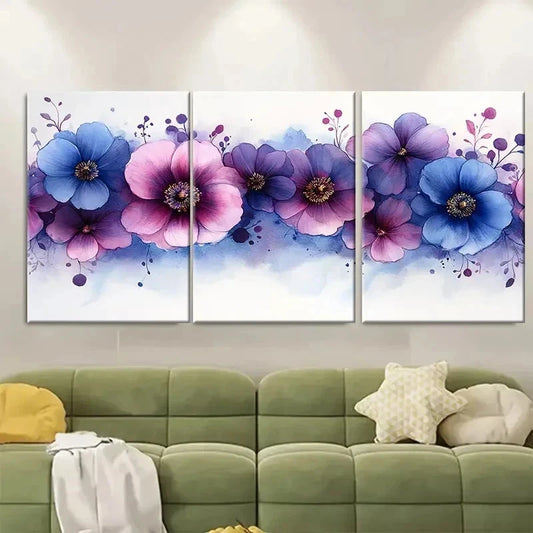3pcs Purple and Blue Splash Print ER Wall Art Set Canvas Framed 50x70cm - High Quality Print 100% Australian Made Wall Canvas Ready to Hang