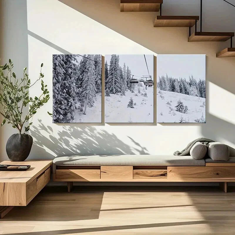 3pcs Snowy Forest Ski Lift & Pine Trees Posters Metal Print Ready to Hang Art - Bella Home Decor