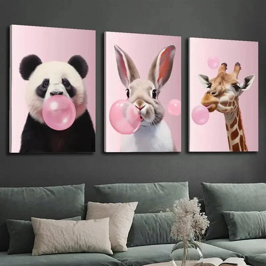 3pcs Romantic Animal Illustration, Pink Bubble Metal Print Ready to Hang Art